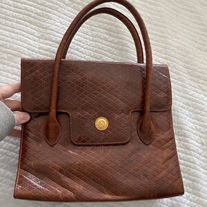 Albert Nipon Brown Geometric Patterned Real Leather Satchel Purse *VINTAGE* - OS